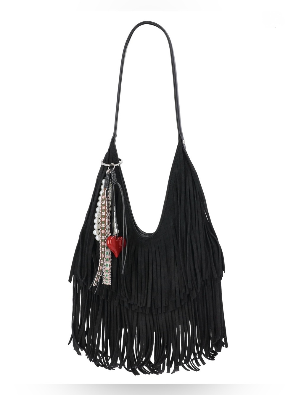 Madden NYC Women's Fringe Hobo Bag w/ Keychains, Black NEW WITH TAG